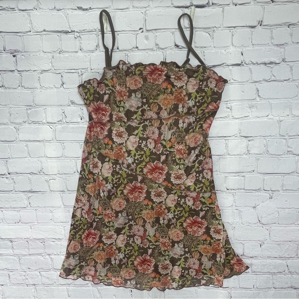 Vintage-Style Floral Mesh Mini Cami Dress - Lettuce Trim & Tiered Hem L - Picture 4 of 8